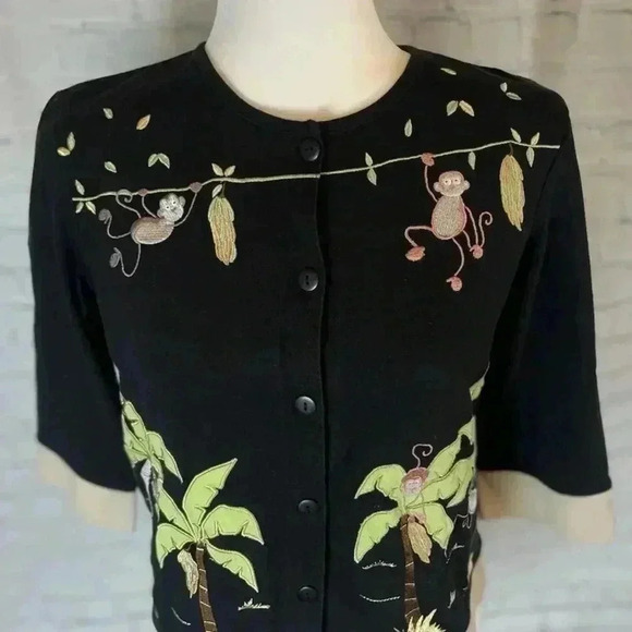 Vintage Onque Casuals Black Button Cardigan Monkeys Bananas Palm Trees Woman’s S - Picture 2 of 12